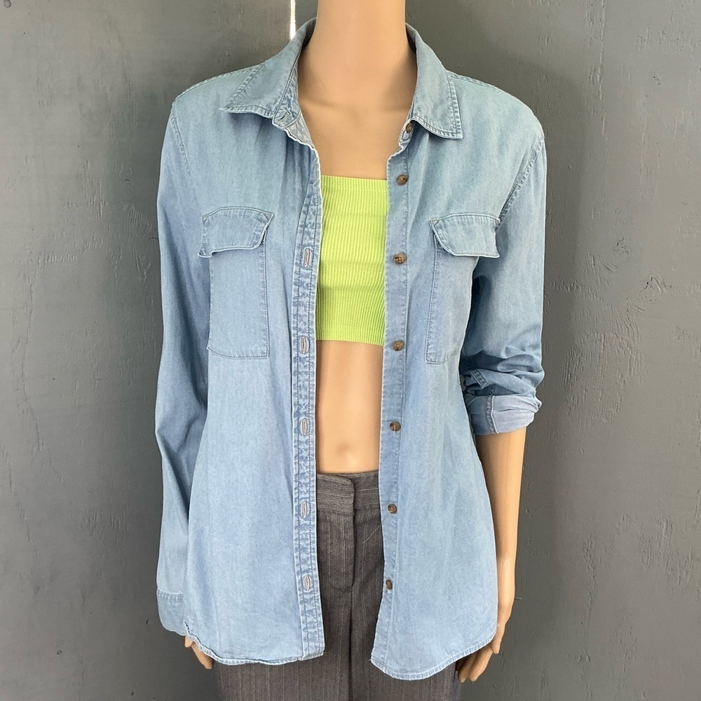 Forever 21 Women Blue 3/4 Sleeve Button Down Top